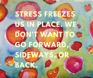 watercolor background with text: "Stress freezes us in place. We don't want to go forward, sideways, or back."